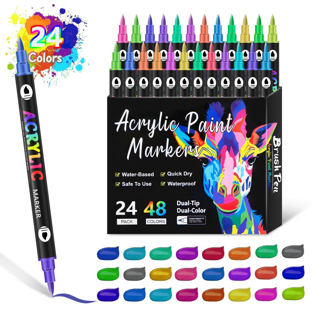 12/24/36pcs,Dual-tip Dual-Color Acrylic Marker for Rock Painting, Canvas, Wood, Ceramic, Glass, Stone, Fabric