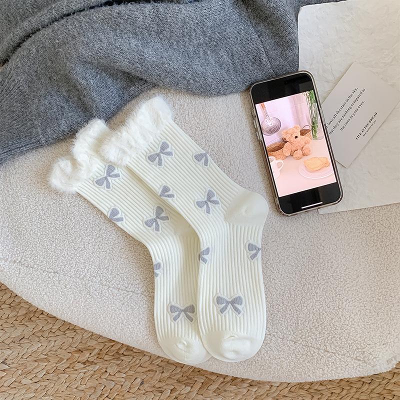 

Женские носки-чулки из мягкой шерсти с микропрессовкой, с бантами, для осени/зимы, из приятно грубоватого хлопка, толстые носки 1 pair