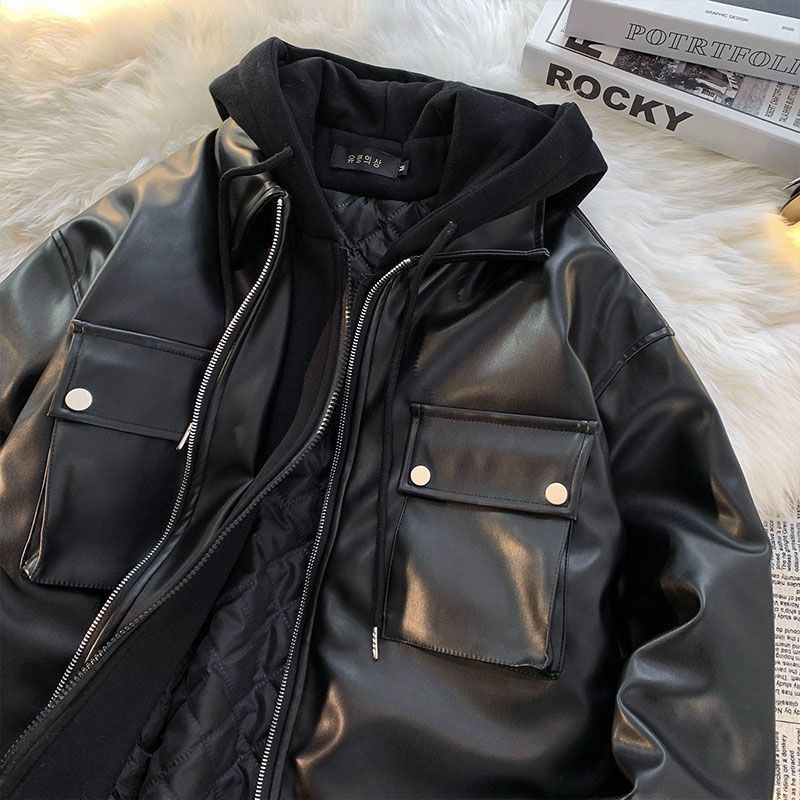 Y2k Fake Two Piece Hooded Leather Jacket Women's Autumn Winter New Ins Fashion Design Coat American Retro Casual Loose Couple Clothes