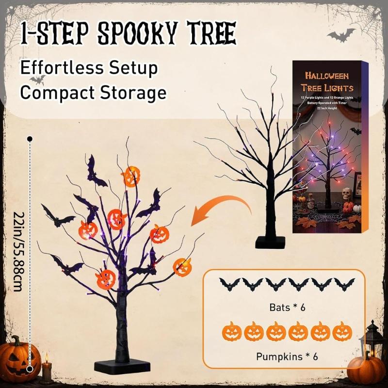 Halloween Tree with Light Home Decors Halloween Table Display Decoration, Lighted Black Tree with Bat Forms and Pumpkin Figures for Indoor Seasonal