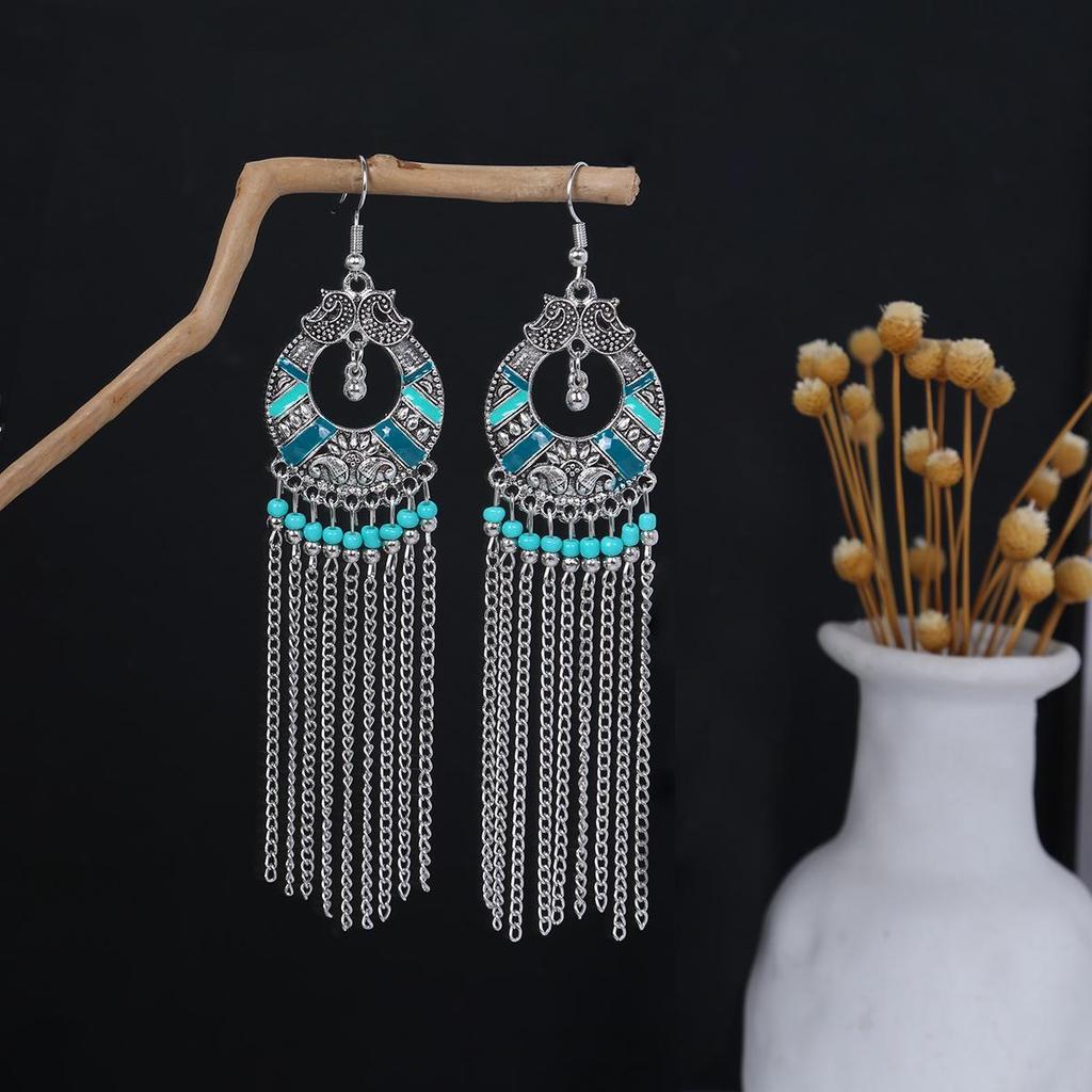 Bohemian Ethnic Oval Tassel Earrings with Beads