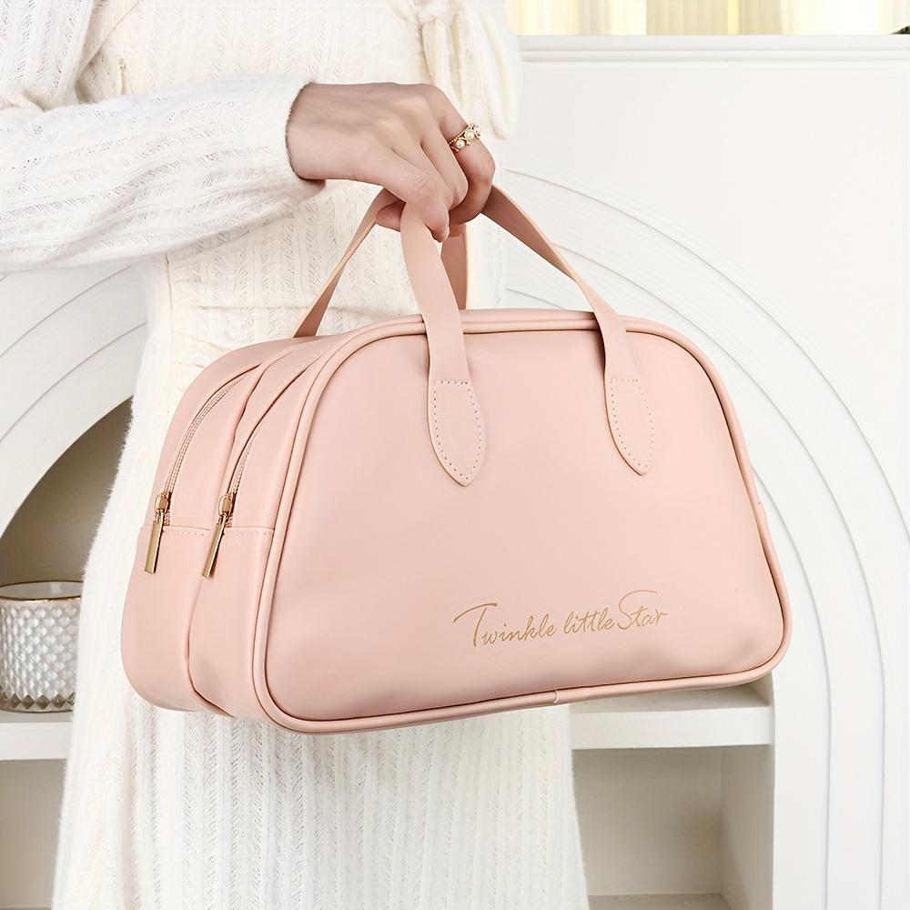 

Дорожная косметичка большой емкости из искусственной кожи, двухслойная косметичка, водонепроницаемая сумка для хранения, портативный дорожный органайзер с ручкой розовый