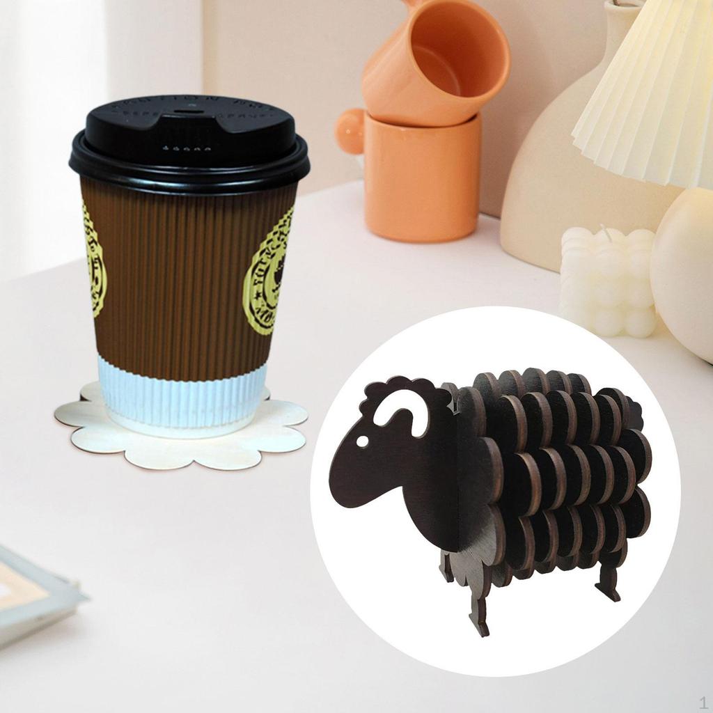 Wood Coasters Animal Sheep Drink Set for Holiday Kitchen
