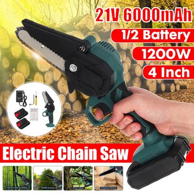 1200W Mini 4 Inches Rechargeable Electric Chain Saw with 1/2 Lithium-ion Battery Woodworking Pruning One-handed Saw Garden Tool