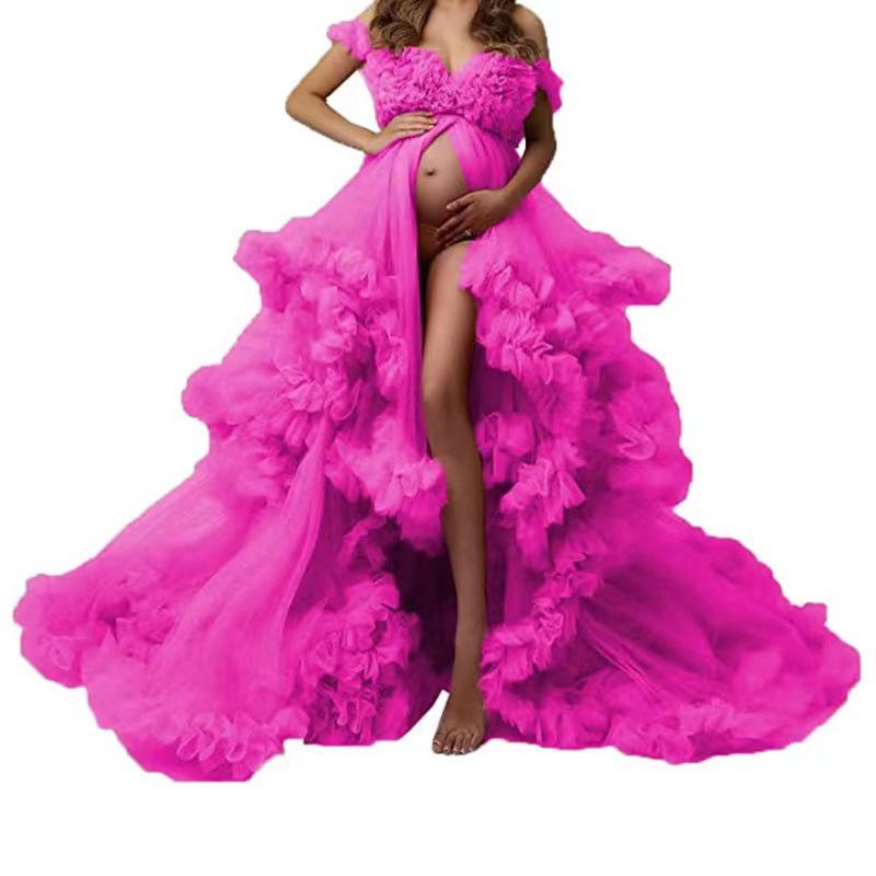 Off-Shoulder High Waist Maternity Gown with Front Slit and Puffy Tulle Skirt