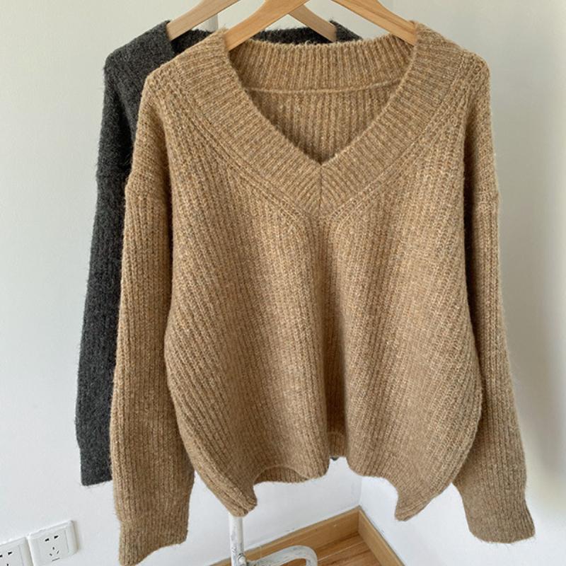 Sweater Lazy Style V-neck Pullover Sweater Women's Loose Autumn and Winter Korean Retro Women's Knitted Sweater