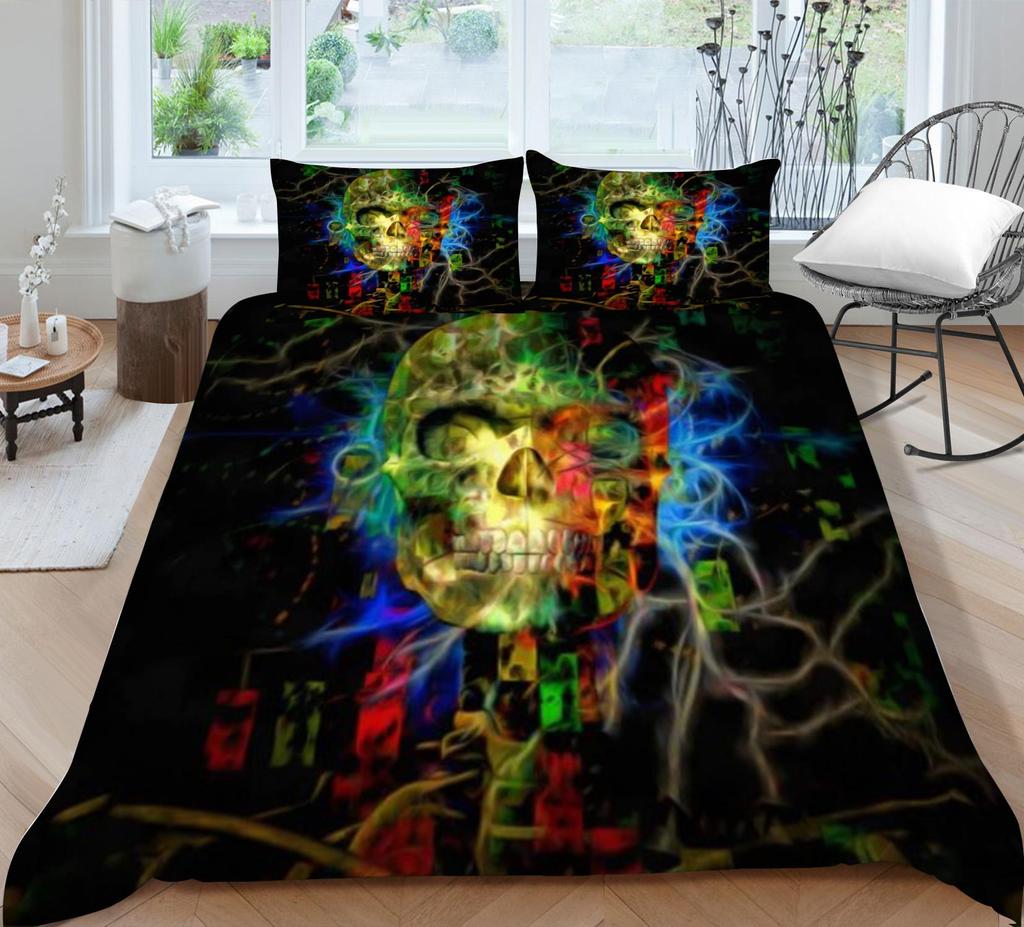 3D-Druck-Schädel-Bettset, atmungsaktiv, Heimbettwäsche mit Kissenbezug, für Kinder, Herren, Teenager, hochwertiger Bettbezug