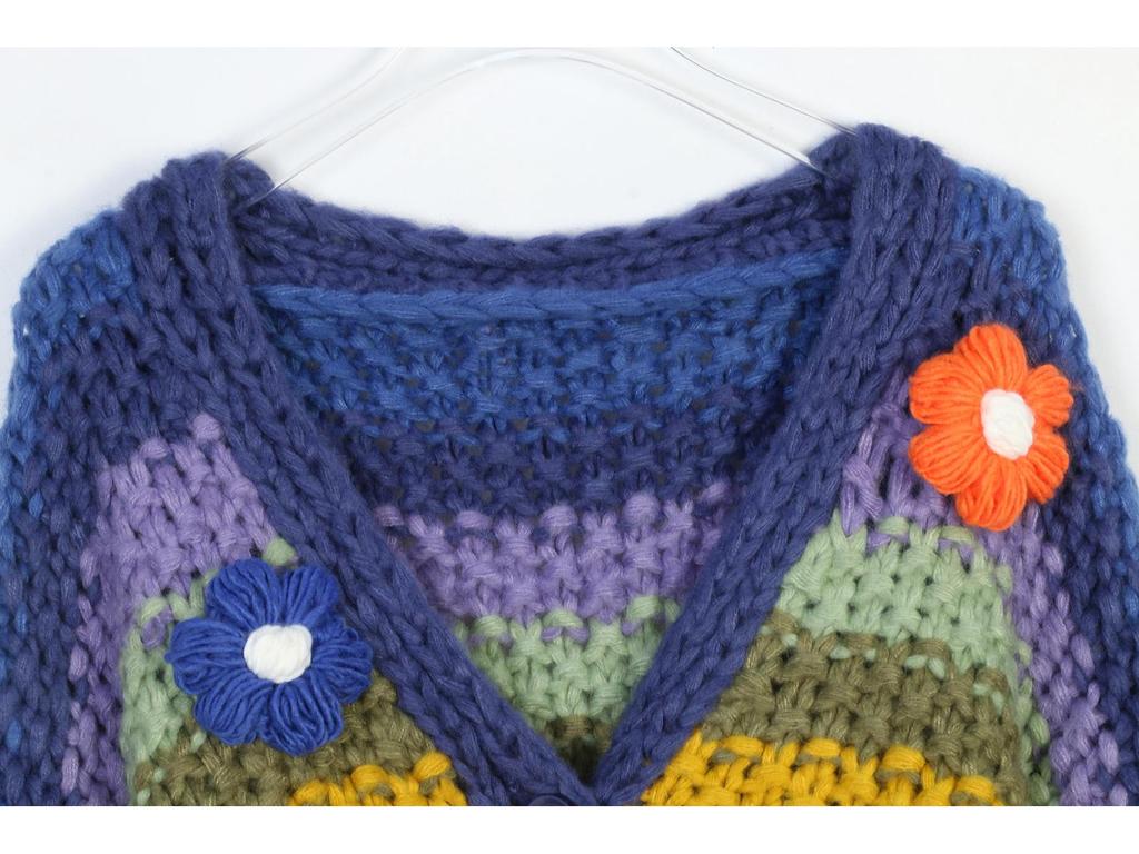Women's Handmade Rainbow Stripe Floral Sweater Cardigan - Autumn/Winter European & American Style