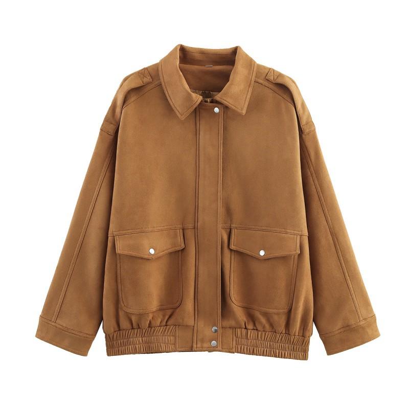 Womens Suede-Like Casual Jacket With Pockets Fall Loose Fit Streetwear Coat