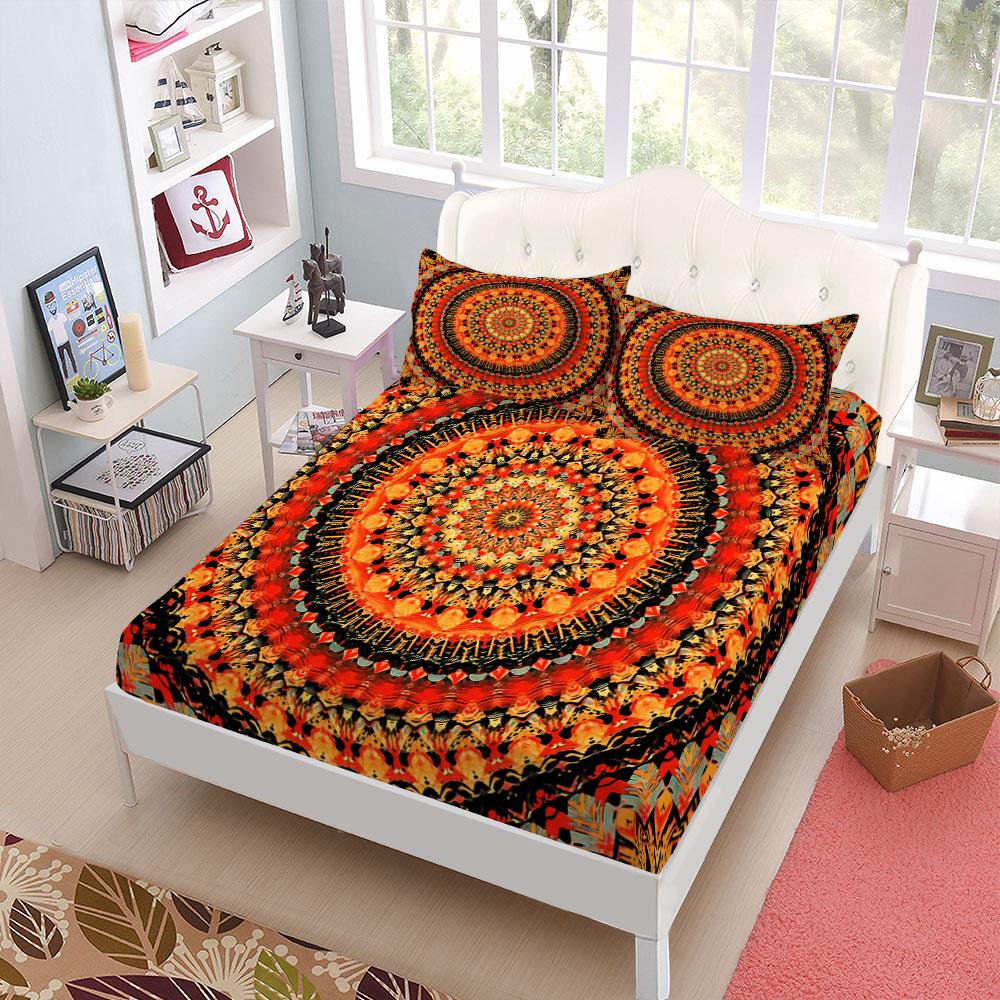 Vintage Jade Mandala Fitted Sheet Set King Queen Double Full Size Bed Linen Set 15cm Deep