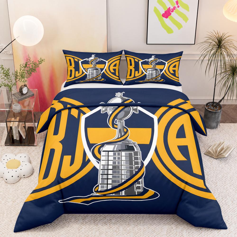 Boca Juniors Copa Libertadores Trophy 3 Piece Bedding Set, Blue Gold Soccer Duvet Cover Set for Argentinian Fans