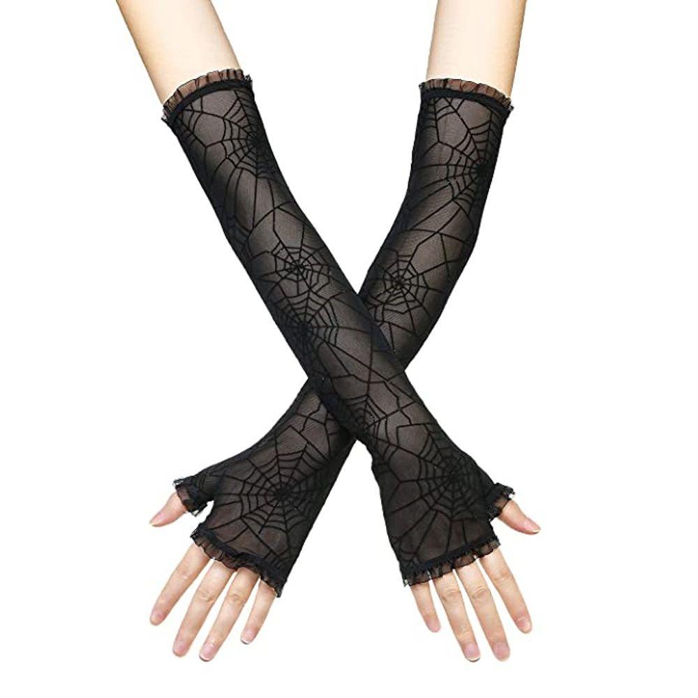 Fancy Dress Up Half Finger Spider Web Gothic Mittens Halloween Gloves Arm Sleeves Women Long Gloves