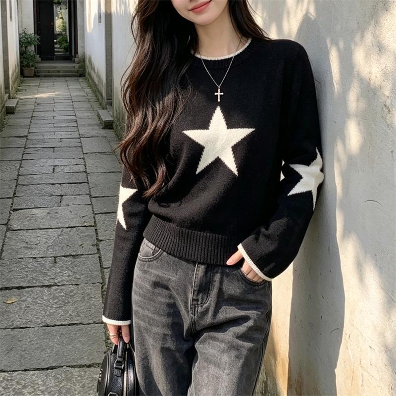 Black and white contrasting colors pentagram jacquard crew neck sweater women's autumn and winter new retro American soft waxy pullover knitted