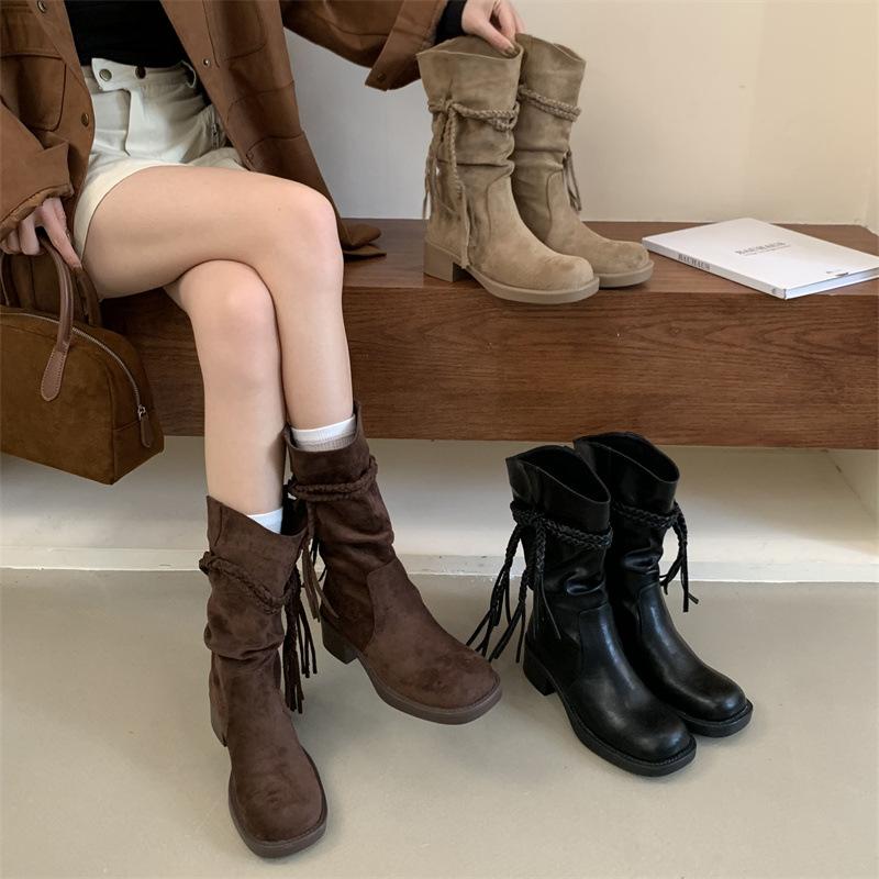 Mi Ting Retro Woven Fringed Boots Thick Heel Thin Medium Boots Egyptian Boots 2025 Autumn and Winter New Thin Stacking Boots