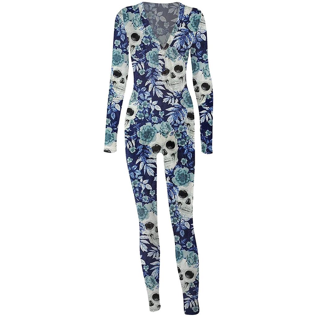 Women's Button-Down Halloween Print Functional Buttoned Flap Adults Jumpsuit
