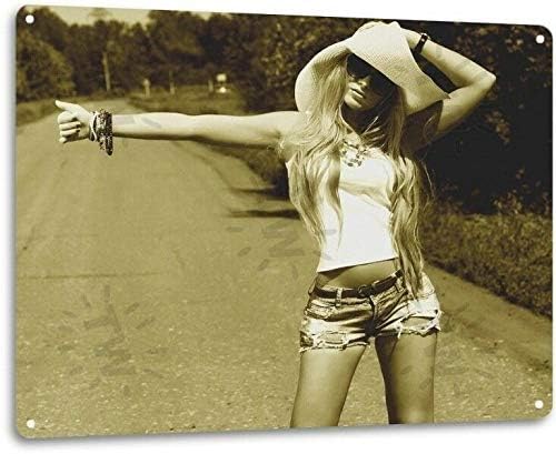 SRongmao Hitch Hike Pinup Girl Sexy Cowgirl Barn Farm Man Cave Wall Decor Metal Tin Sign 20x30cm(7.8x11.8inch)