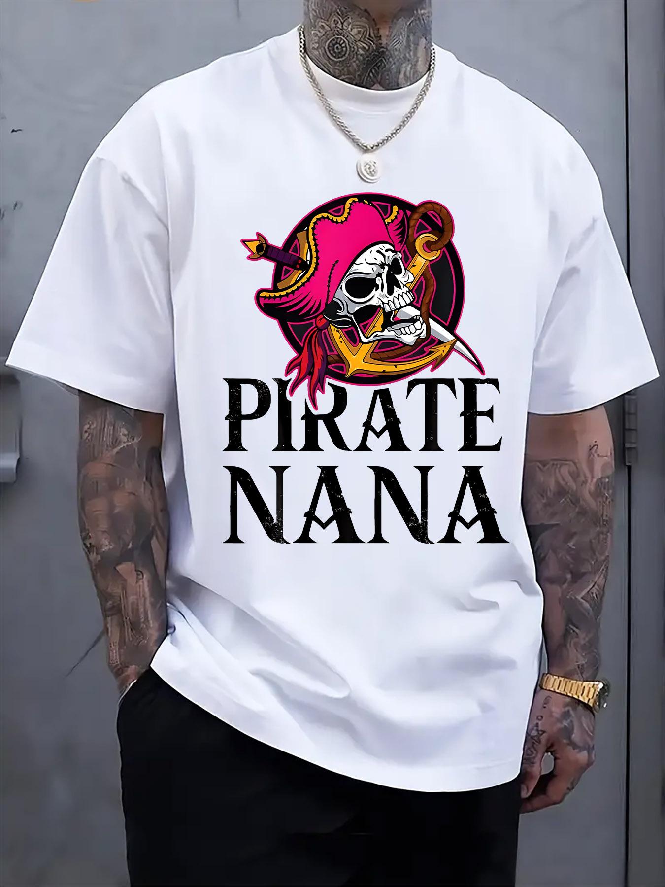 Round Neck Short Sleeve T-shirt Featuring a Pink Skull Pirate Nana Print XXXXL