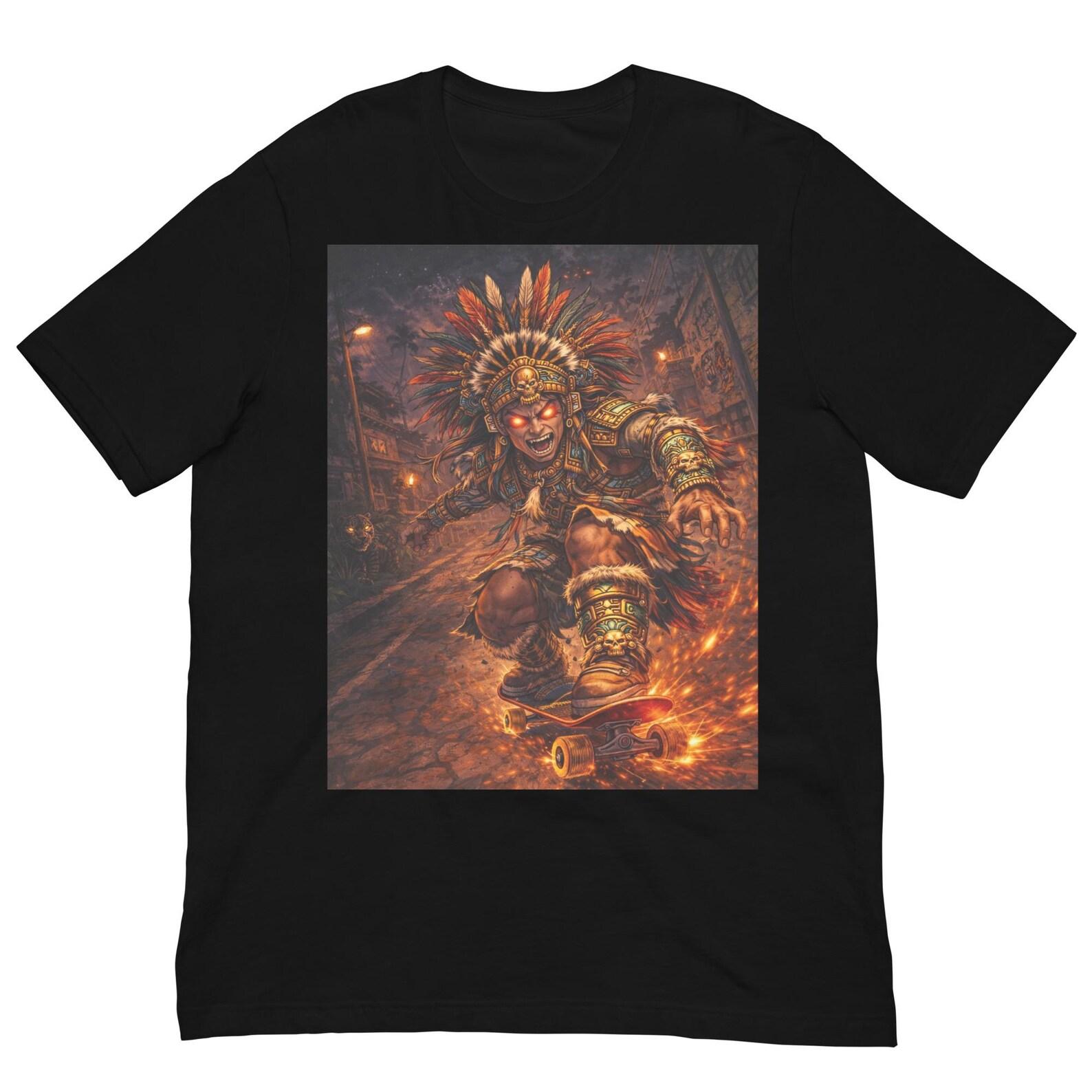 Aztec Skateboard Warrior Shirt, Tribal Skater Tee, Mesoamerican Street Art Design, Fantasy Skateboarding Graphic T-Shirt 2XL