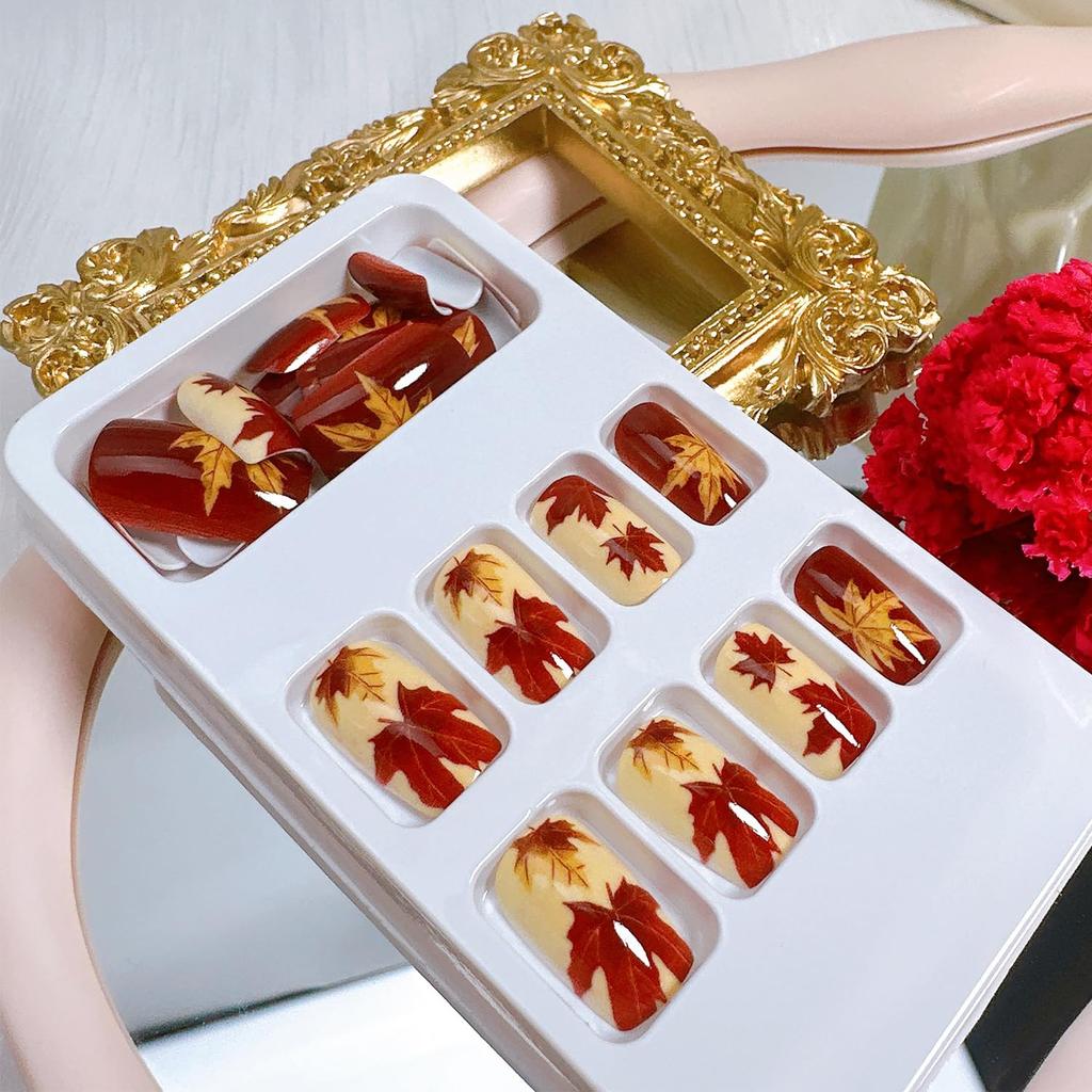 24Pcs Fall Press on Nails Medium Square Fake Nails with Autumn Leaves Designs Red Autumn Maple Leaf False Nail Thanksgiving Acrylic Nails Kit Red