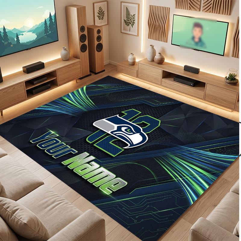 Tappeto in Cristallo Vellutato Personalizzato Seattle Seahawks, Tappeto Morbido Antiscivolo con Testo Nome Personalizzato per Soggiorno Camera da Letto