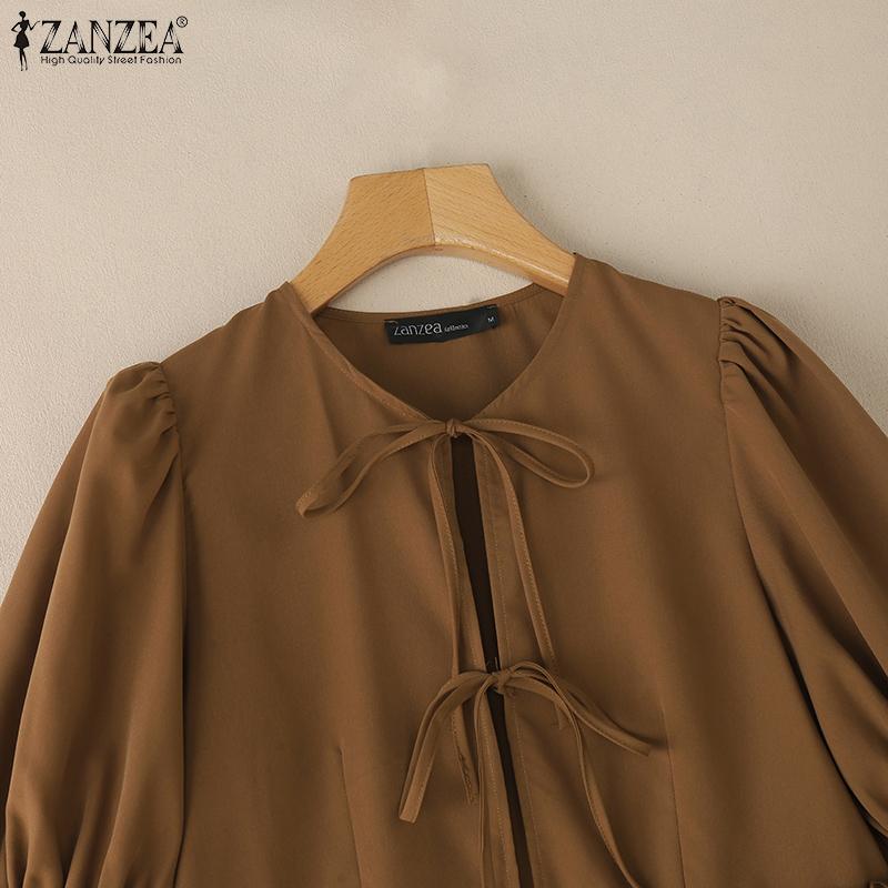 ZANZEA Bluză casual de damă cu șireturi, cu gât rotund, transparentă, de vară, cu mânecă scurtă