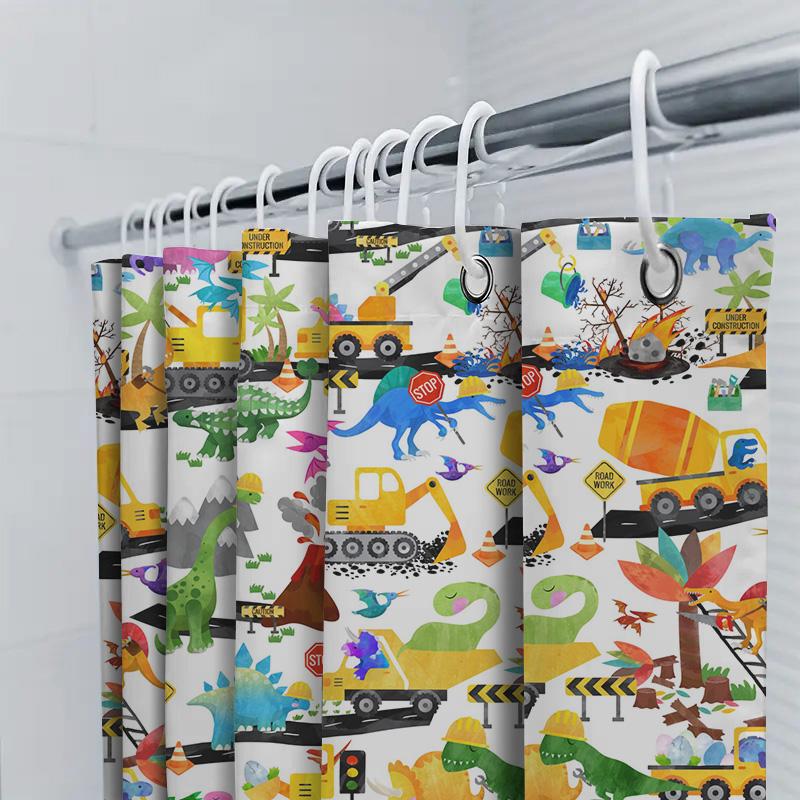 Animal Construction Shower Curtain Dinosaur Decor For Kids Bathroom Waterproof Fabric With Stop Sign Design Unique Home Accessor