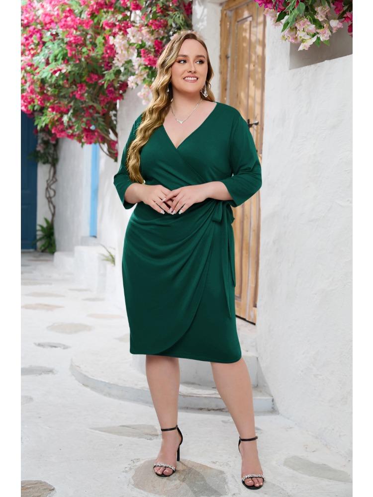 

Повсякденна літня сукня 2024 року, елегантна довжина міді до коліна, вінтажні сукні з поліестеру, жіночі сукні для відпустки, з V-подібним вирізом, асиметричні, чорні, вечори, vestidos para mujer 4XL зелений