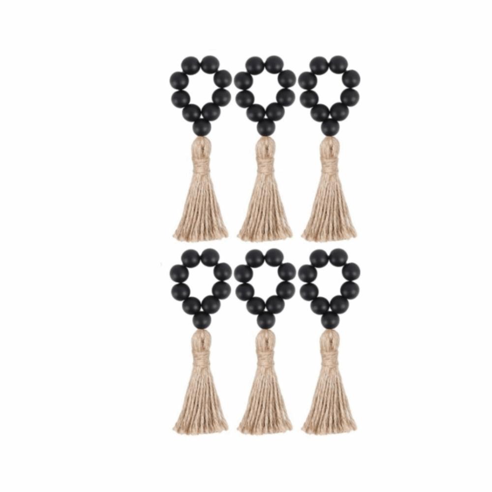 

6 pieces Farmhouse Style Wooden Bead Napkin Rings Handmade with Tassel Napkin Holder Adjustable String Napkin Buckle чёрный