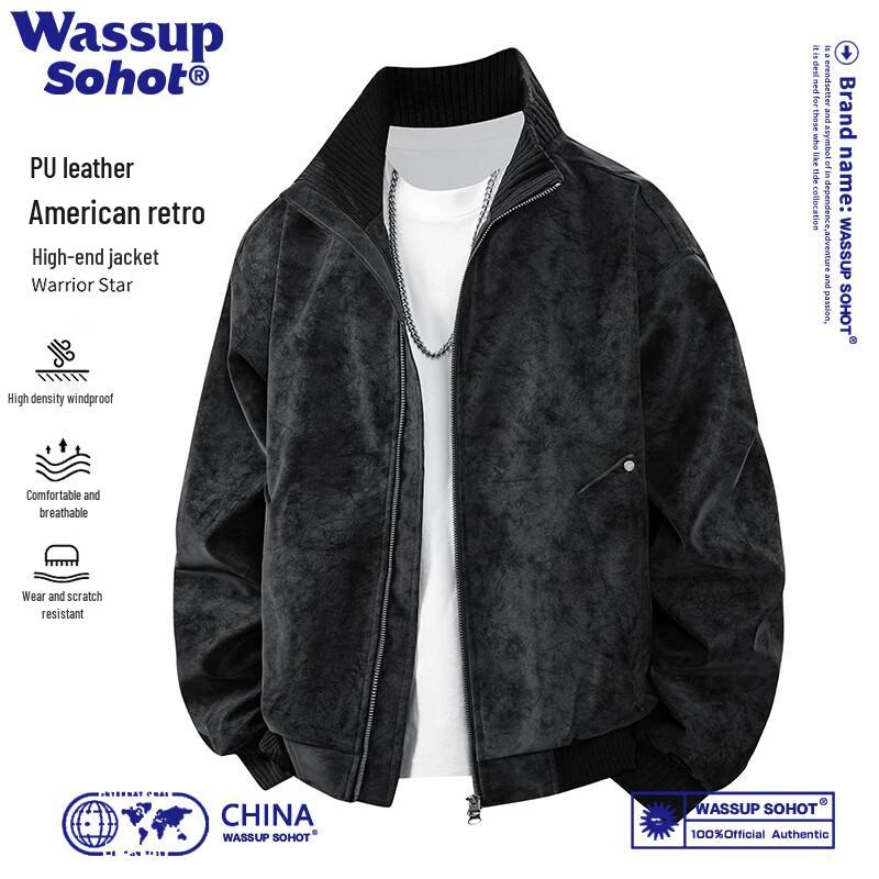 Wassup Sohot American Style Stand-Collar Tie-Dye PU Leather Bomber Jacket