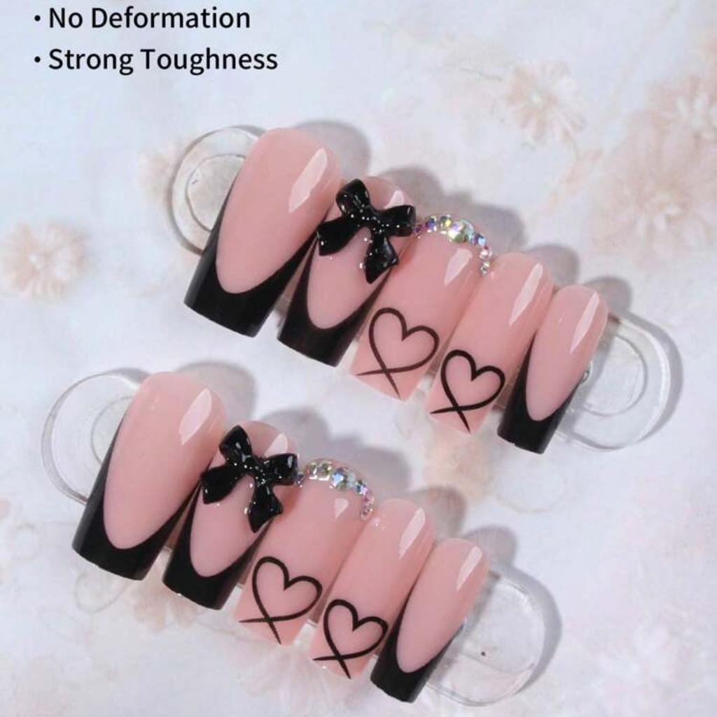24pcs/Set Acrylic Press-On Nails, Heart Pattern, Black French, Rhinestone, Bowknot Design False Nails, French Manicure For Women And Girls