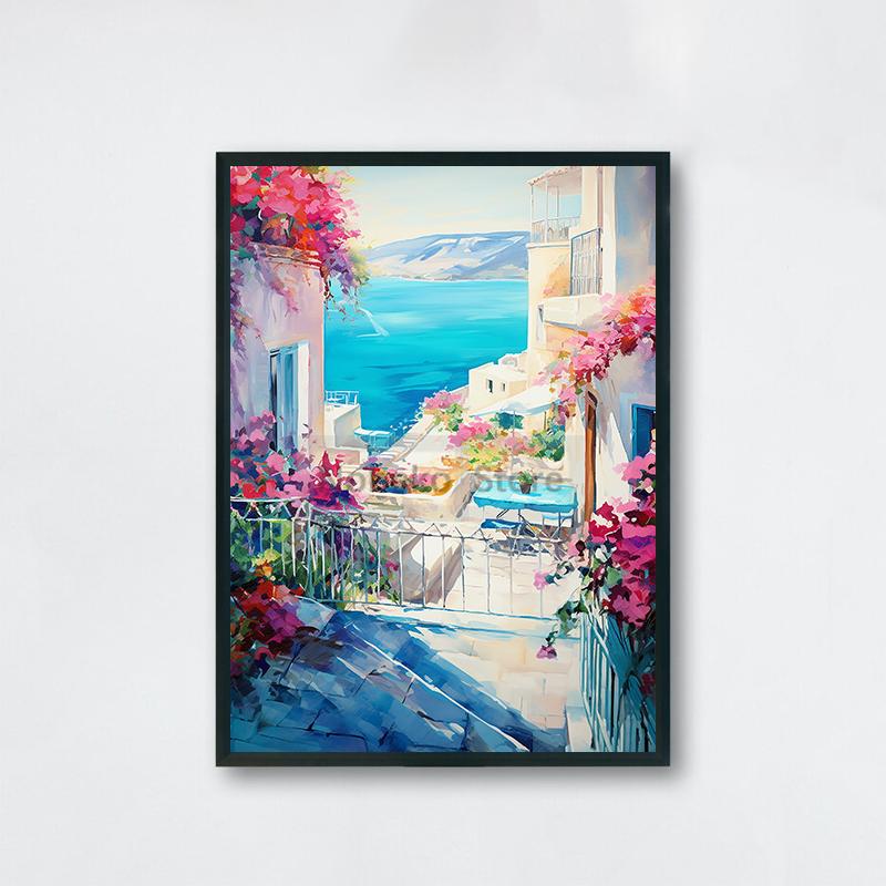 Watercolor Style Mediterranean Coast Sea Poster Seaside Landscape Prints Canvas Painting Wall Art Pictures Home Room Beach Decor