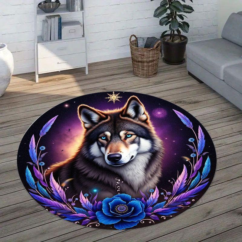 Wolf Galaxy Round Rug Flannel Cosmic Wolf Art Floor Mat Purple Blue Feather Flower Decor Living Room Bedroom Kids Room Soft Non