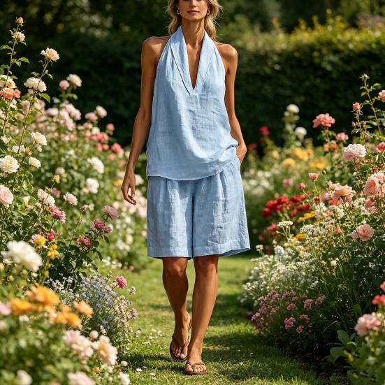 Damen 2-teilige Outfits Ärmelloses Neckholder V-Ausschnitt Tanktop und Shorts Passende Sets Sommer Locker Urlaubs Lounge Sets mit Taschen