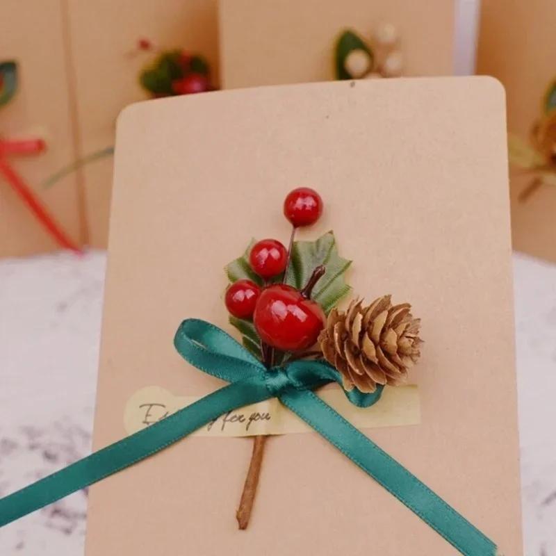 5pcs/set Christmas Red Berry Pine Cone Branches Artificial Flowers for Holiday Decoration Greeting Card Dining Table Accessories
