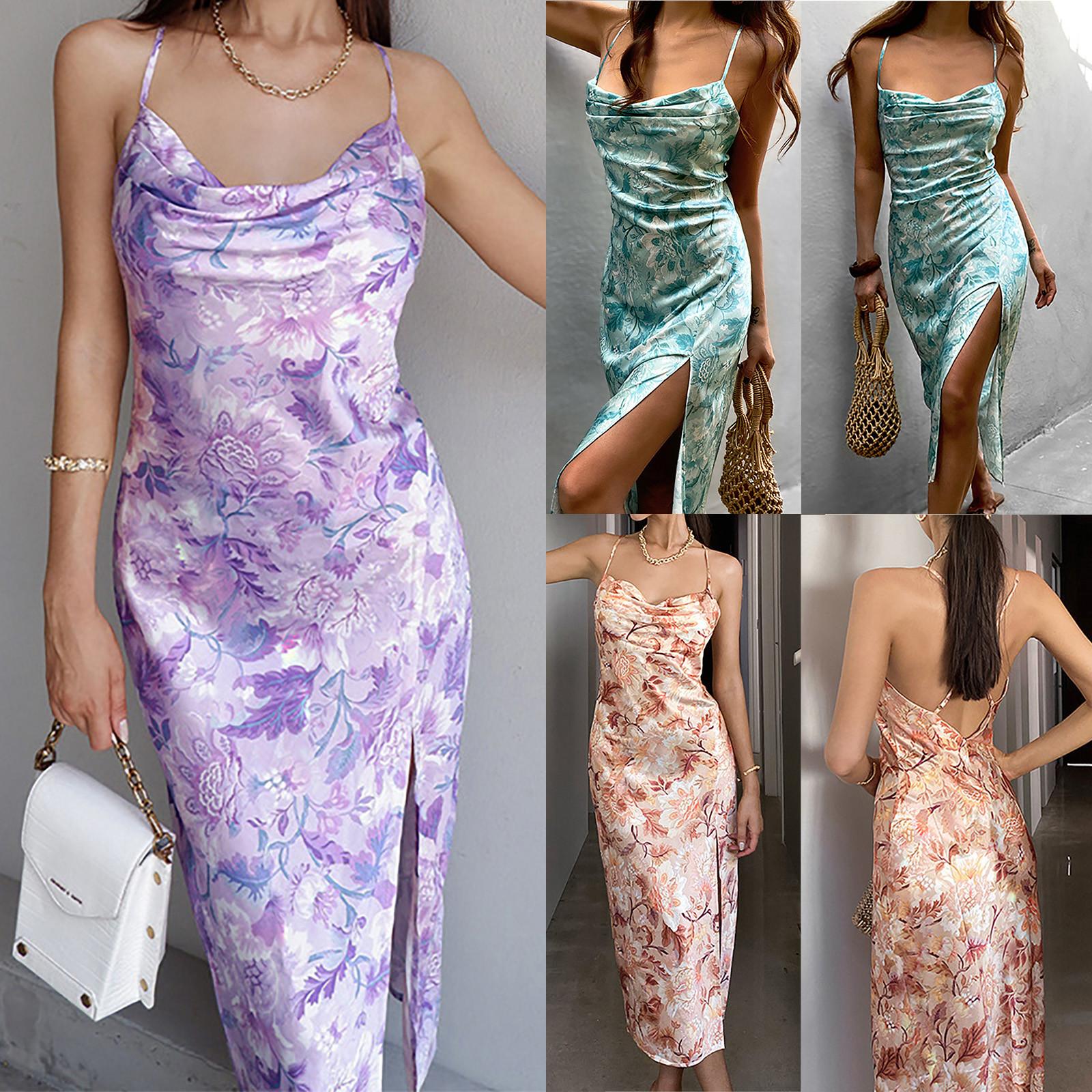 

Women s Fashion Split Printing Solid Sexy Strap Slim Backless Sling Dress