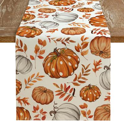 Fall Linen Table Runner Pumpkin Maple Leaves Orange Autumn Seasonal Farmhouse Indoor Kitchen Home Table Party Decorations