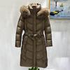 Autumn and winter new slim-fitting lace-up waist big fox fur collar medium and long foreign-style warm hooded down jacket