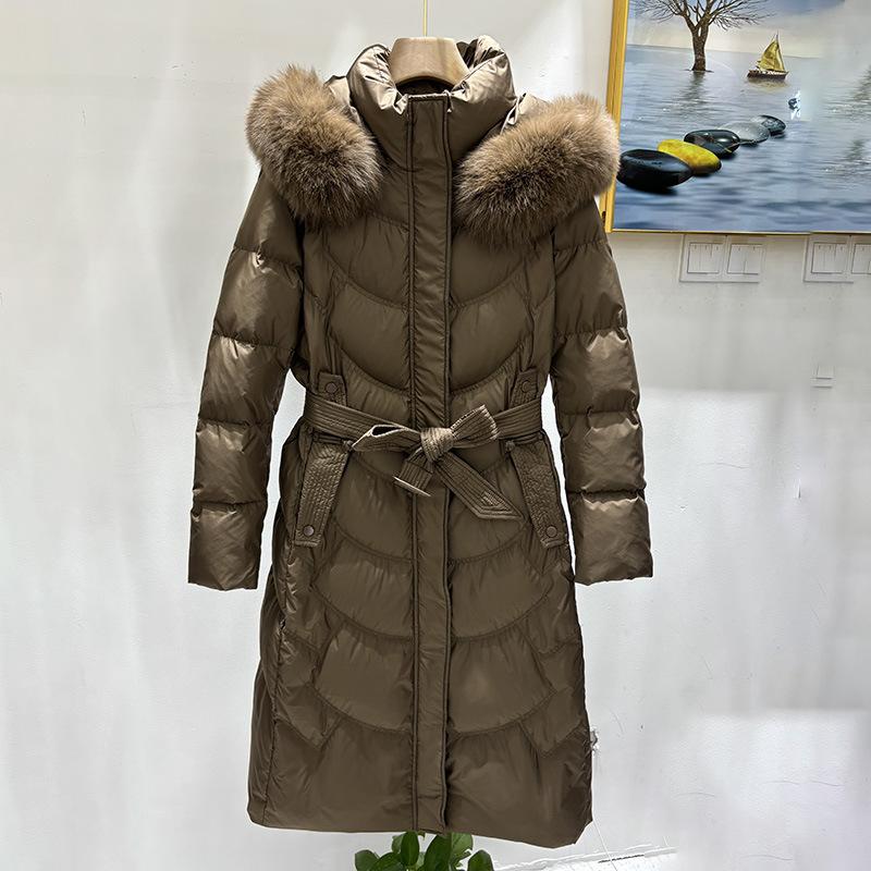 Autumn and winter new slim-fitting lace-up waist big fox fur collar medium and long foreign-style warm hooded down jacket