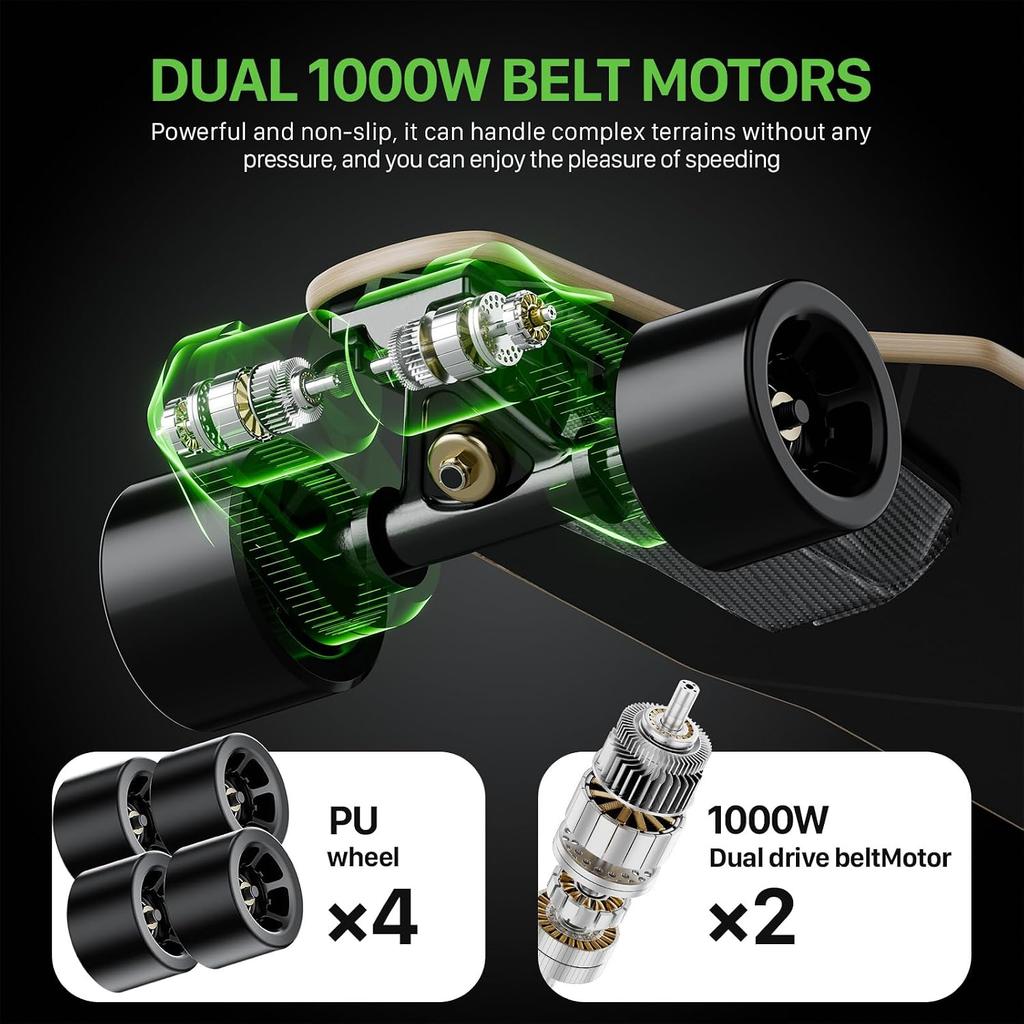 Monopatín Eléctrico Qekud S4 – Longboard de Alto Rendimiento de 2000W, 42 km/h, Autonomía de 30 km, Control Remoto, Impermeable IPX4, para Adultos y Adolescentes