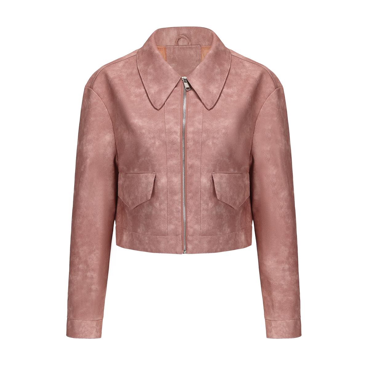 

Куртки из искусственной кожи для женщин, тонкий укороченный топ, короткая куртка, пальто на молнии с длинными рукавами и лацканами, повседневная стильная верхняя одежда S розовый