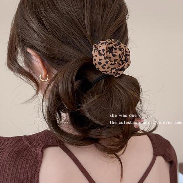 Temperament Leopard print Rose flower hair band Women's low ponytail hair rope Rubber band headdress