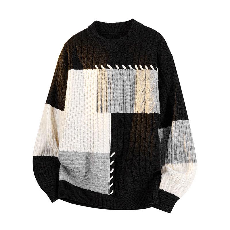 Autumn & Winter Retro Men s Color Block Knit Sweater L чёрный