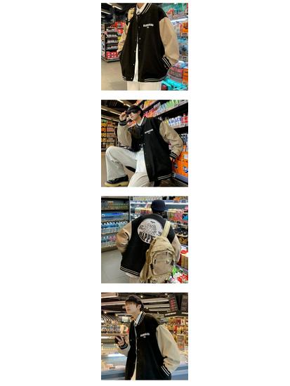 2025 Trend Men's Handsome Stand Collar Solid Color Patchwork Jacket with Letter Print - Fashionable Spring/Autumn Streetwear