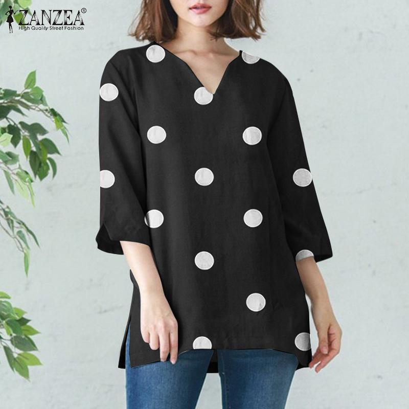 

ZANZEA Женщины Лето Повседневный V-образный вырез 3/4 Рукав Ретро Горошек Принт Блузка Топы