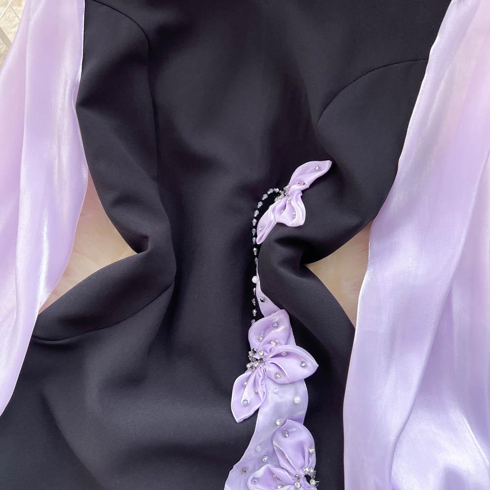 Vår Høst Kjendis Vintage Cheongsam Blyantkjole Dame Ny mote Langermet Mesh Patchwork Elegante Perlebue Festkjoler