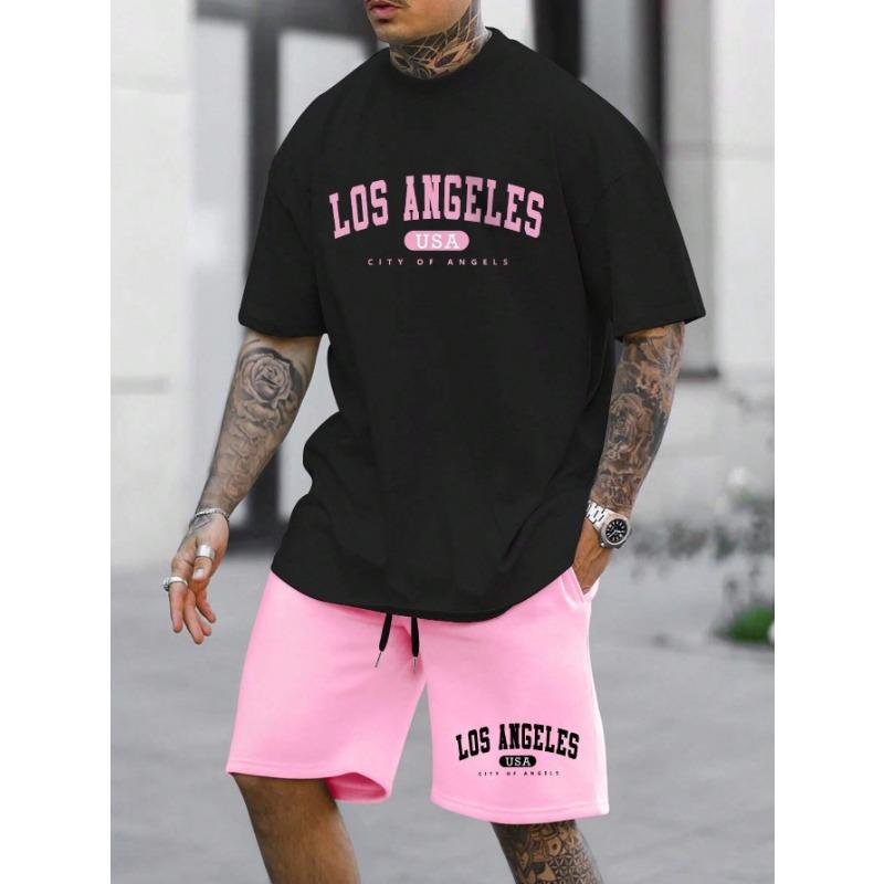 Set Casual pentru Bărbați Manfinity Homme, Tricou cu Mânecă Scurtă cu Imprimeu Litere și Pantaloni Scurți, Costum de Trening pentru Ieșit, Cadou pentru Iubit