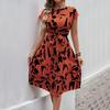 Printed round Neck Lace up Casual Dress Print round Neck Tied Dress