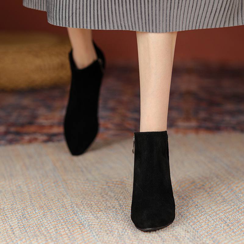 Krazing Pot Cow Suede Winter Round Toe Med Thin Heels Modern Boots Women Big Size 43 Zipper Basic Clothing Ankle Boots