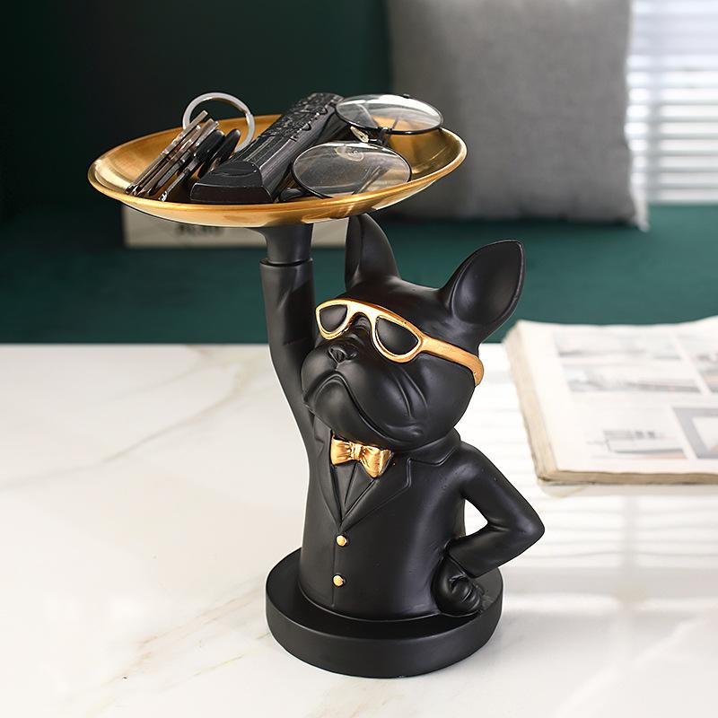 Nordic French Bulldog Butler Resin Dog Sculpture with Glasses Modern Home Decor for Tabletop Living Room Animal Crafts Ornament