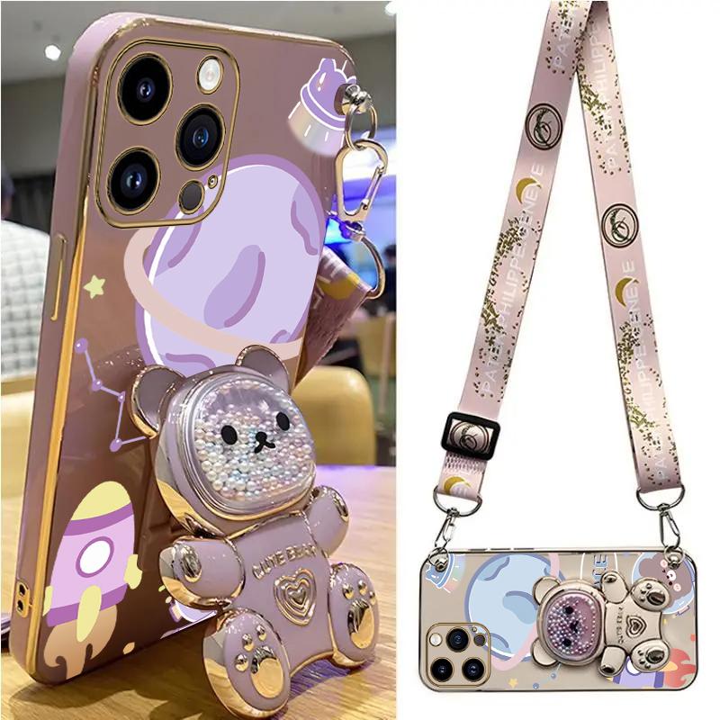 Space Bear Lanyard Holder Case For 14 15 11 12 13 Pro Max Mini 8 7 6 S Plus X Xr Xs Max Crossbody 15pro Strap Stand Cover